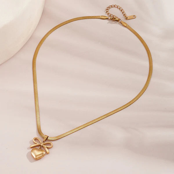 Gold Plated Heart & Bow Pendant Anti-Tarnish Necklace For Women
