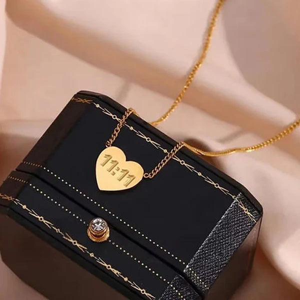 Gold-Plated 11:11 Heart Anti Tarnish Pendant Necklace For Women