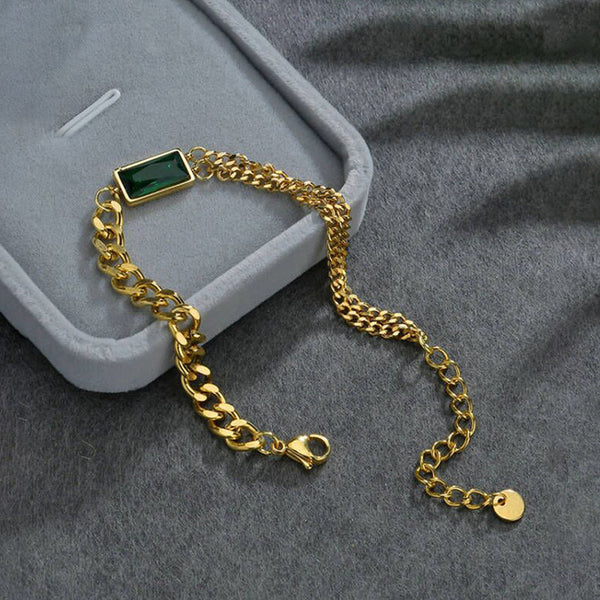 Anti Tarnish Gold-Plated Chain Bracelet with Green Stone For Woman