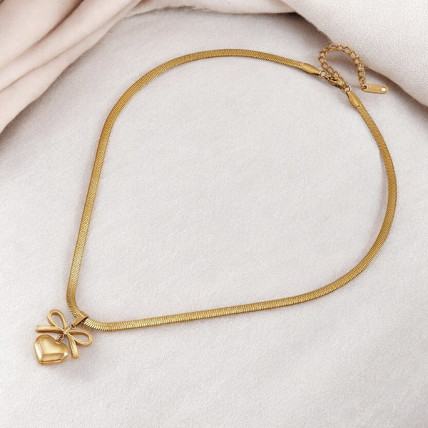Gold Plated Heart & Bow Pendant Anti-Tarnish Necklace For Women