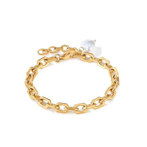 Gold Link Pearl Charm Bracelet – Anti-Tarnish For Women