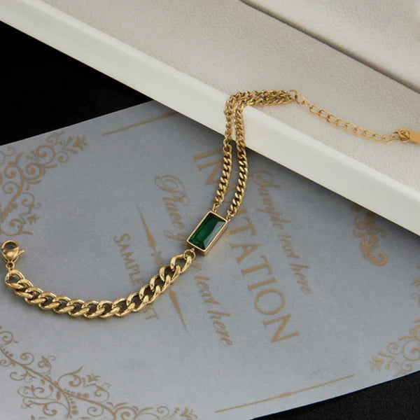 Anti Tarnish Gold-Plated Chain Bracelet with Green Stone For Woman