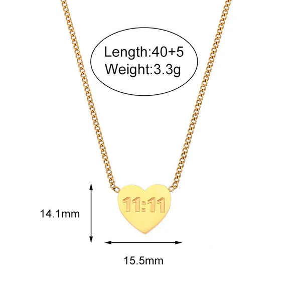 Gold-Plated 11:11 Heart Anti Tarnish Pendant Necklace For Women