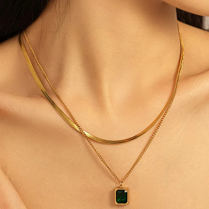 18K Gold-Plated Anti Tarnish Green Emerald Geometric Layered Necklace/Pendant
