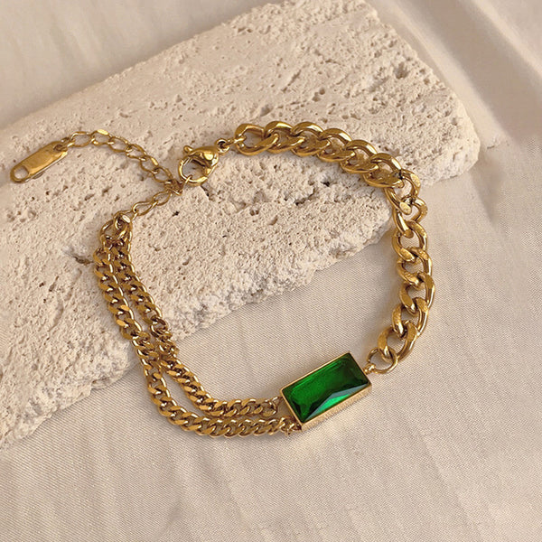 Anti Tarnish Gold-Plated Chain Bracelet with Green Stone For Woman
