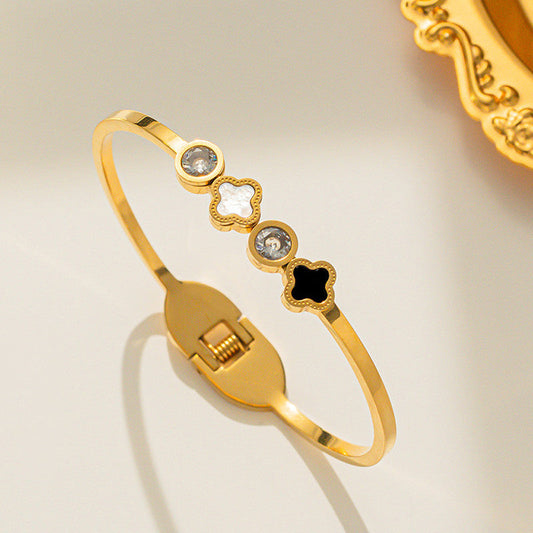 Anti-Tarnish Gold Plated Clover & Crystal Kada Bracelet – Size: Free ✨💛