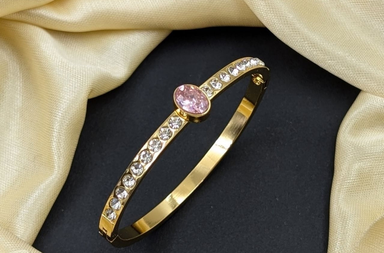 Anti-Tarnish Gold Plated Kada with Pink Stone – Size 2.4