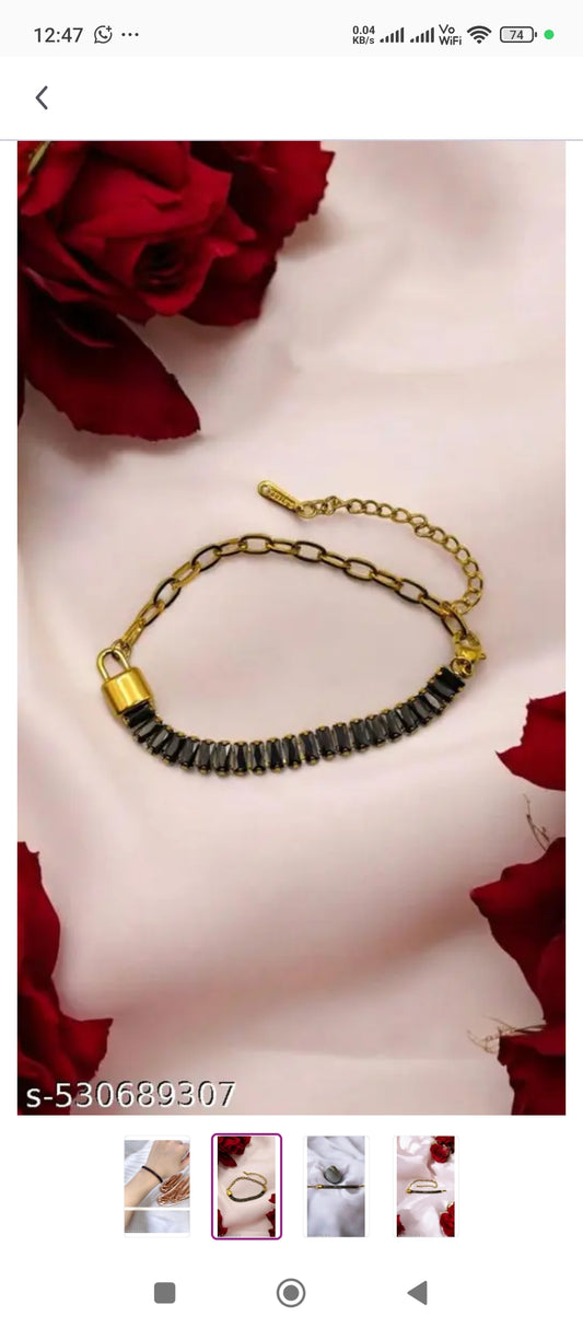 Anti-Tarnish Black Stone & Gold Plated Chain Bracelet for Women
