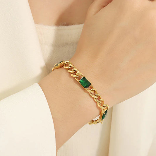 Elegant Gold Plated Chain Bracelet with Emerald Green Stones