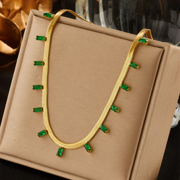 Elegant Anti Tarnish Gold-Plated Necklace with Emerald Green Stones For Woman