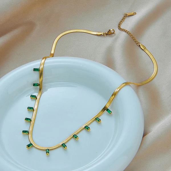 Elegant Anti Tarnish Gold-Plated Necklace with Emerald Green Stones For Woman