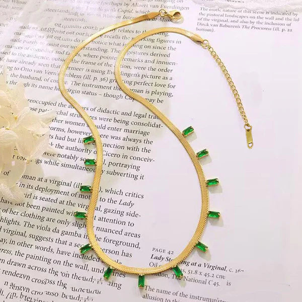 Elegant Anti Tarnish Gold-Plated Necklace with Emerald Green Stones For Woman