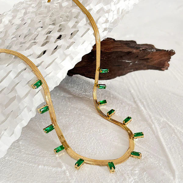 Elegant Anti Tarnish Gold-Plated Necklace with Emerald Green Stones For Woman