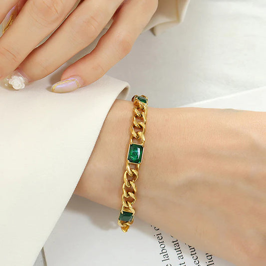 Elegant Gold Plated Chain Bracelet with Emerald Green Stones