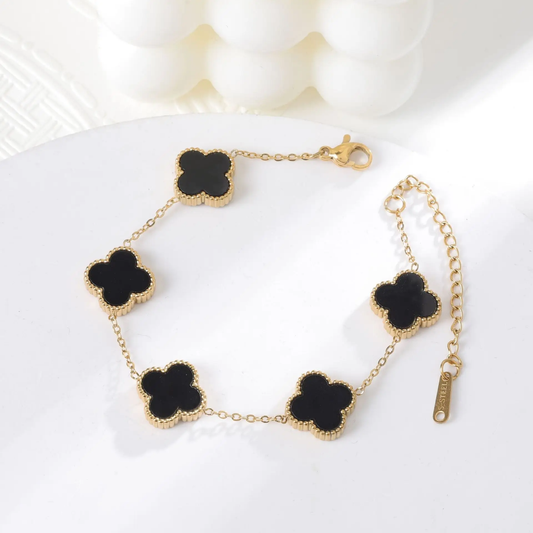 18K Gold-Plated Black Clover Charm Bracelet – Anti-Tarnish Jewelry for Women