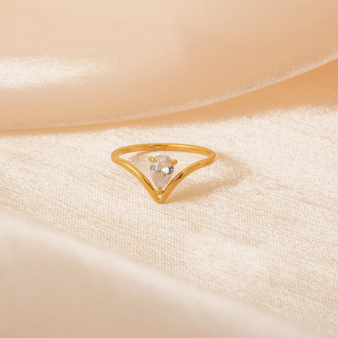 Teardrop V-Shape Gold Plated Finger Ring