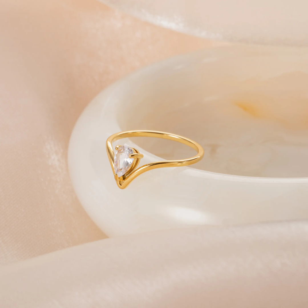 Teardrop V-Shape Gold Plated Finger Ring