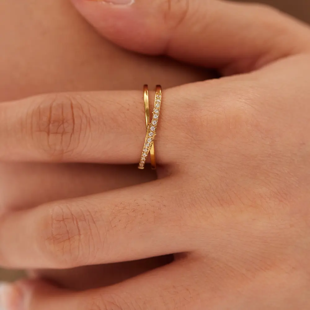 Elegant Criss-Cross Gold Plated Finger Ring with CZ Stones