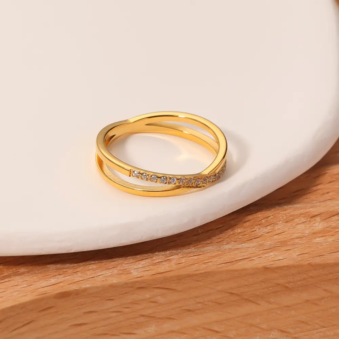 Elegant Criss-Cross Gold Plated Finger Ring with CZ Stones