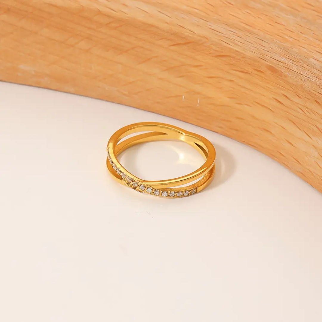 Elegant Criss-Cross Gold Plated Finger Ring with CZ Stones