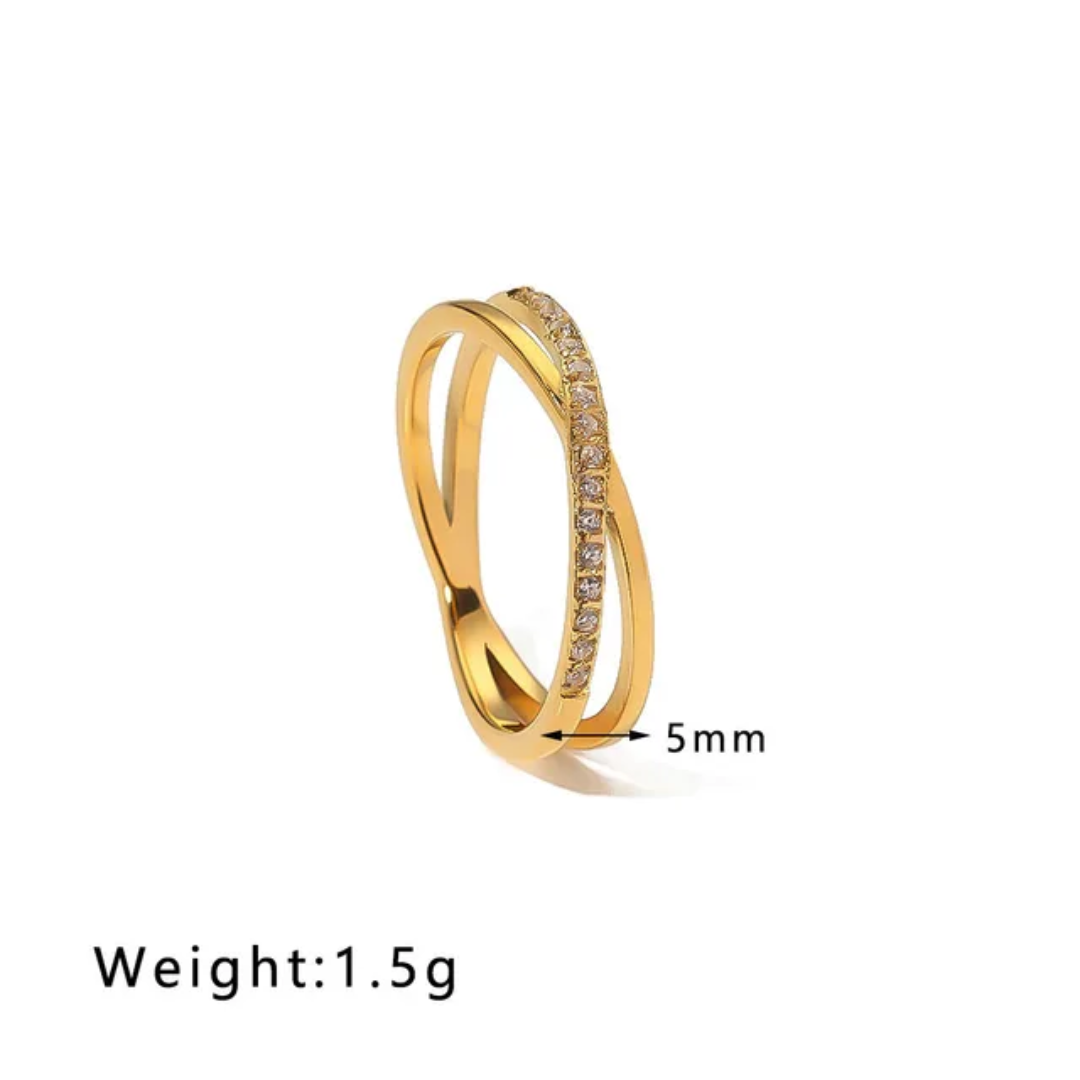 Elegant Criss-Cross Gold Plated Finger Ring with CZ Stones
