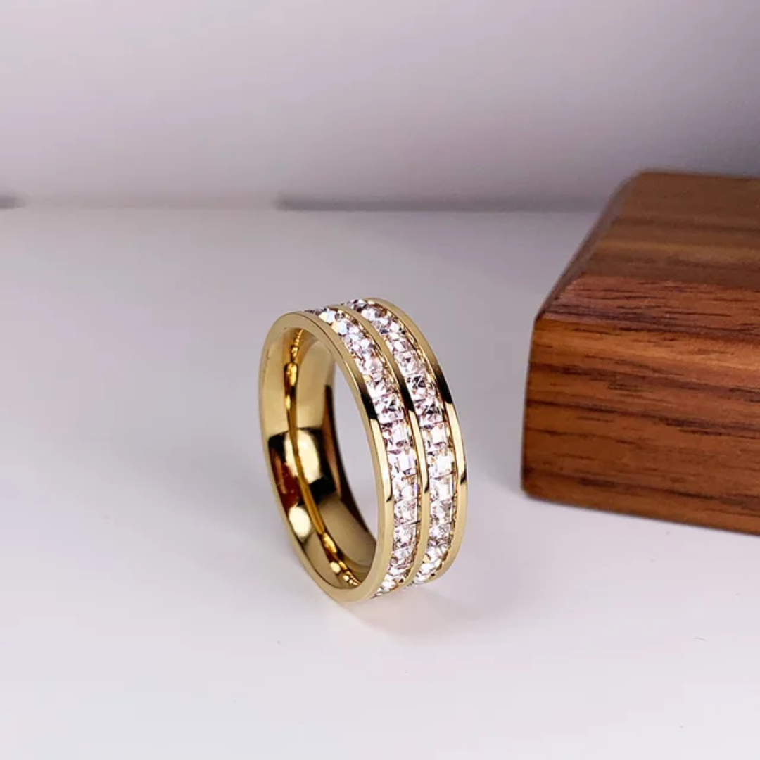 Double Row Crystal Gold Plated Finger Ring