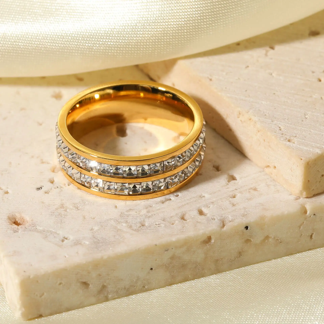 Double Row Crystal Gold Plated Finger Ring