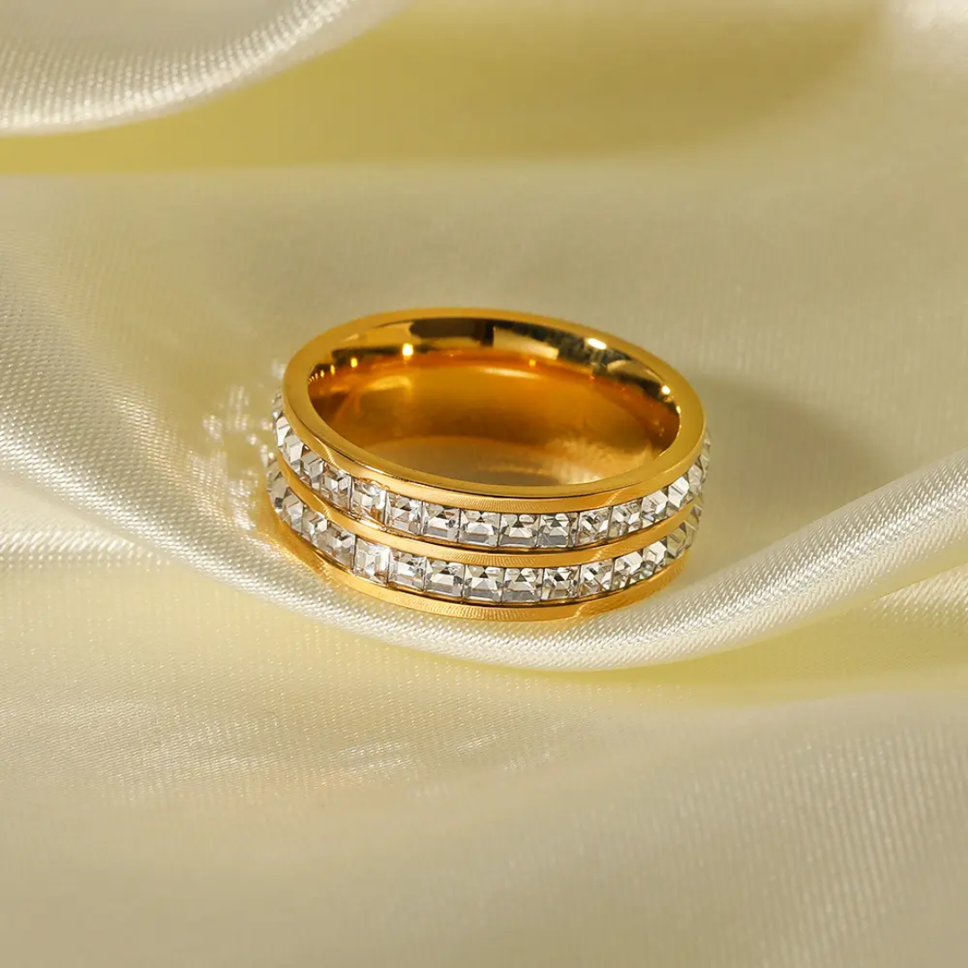 Double Row Crystal Gold Plated Finger Ring