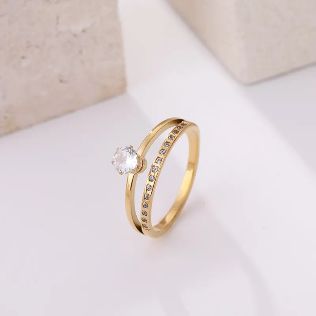 Elegant Double-Band Gold Plated Finger Ring with Sparkling Stones