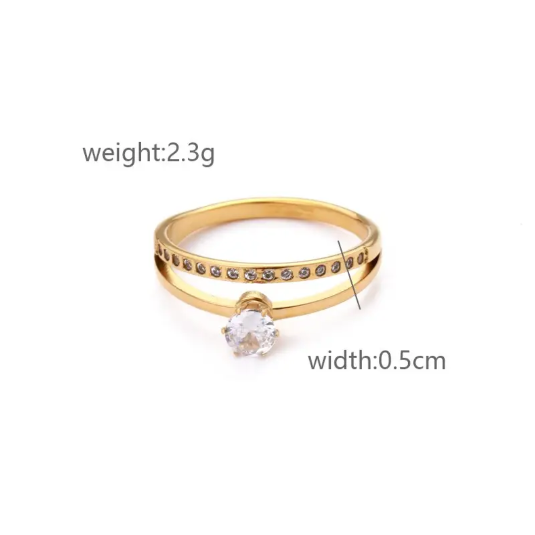 Elegant Double-Band Gold Plated Finger Ring with Sparkling Stones