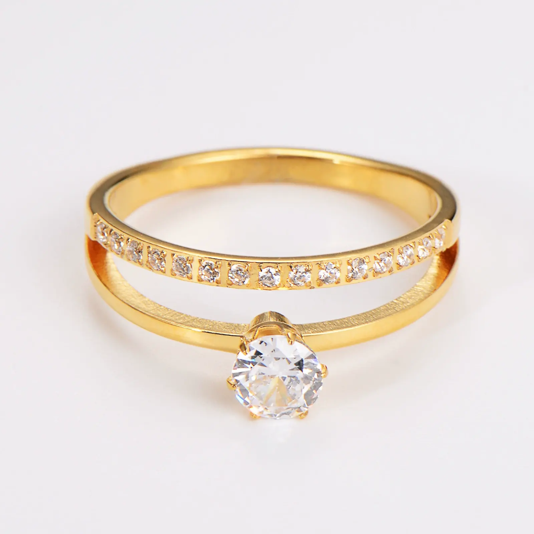 Elegant Double-Band Gold Plated Finger Ring with Sparkling Stones