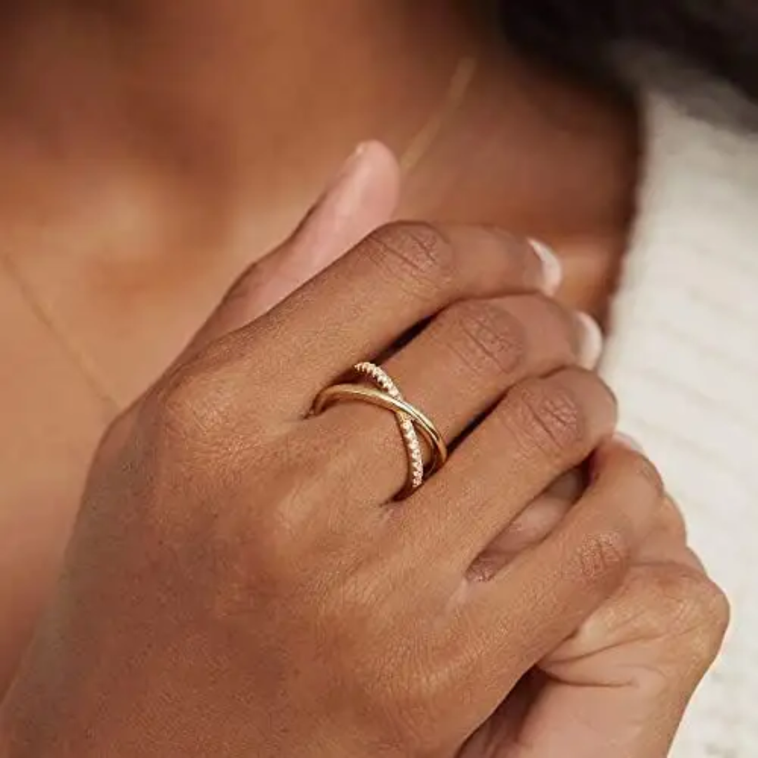 Stylish Crisscross Gold Plated Finger Ring with Sparkling Accents