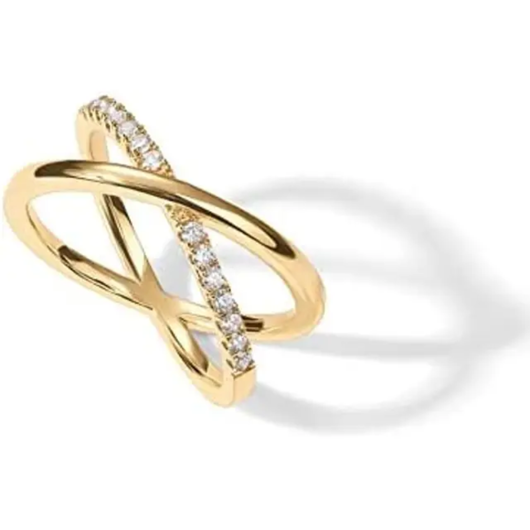 Stylish Crisscross Gold Plated Finger Ring with Sparkling Accents