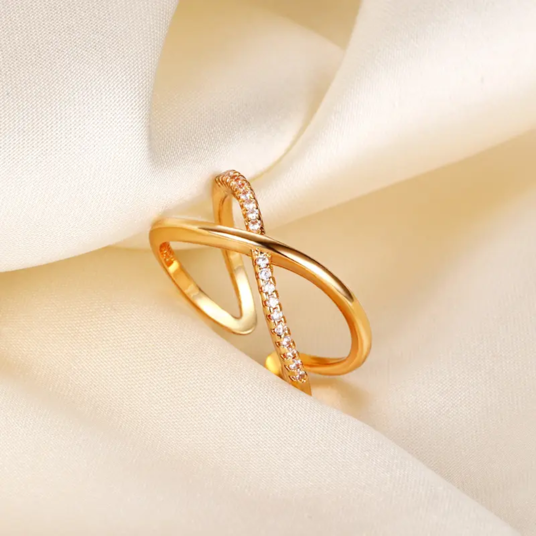 Stylish Crisscross Gold Plated Finger Ring with Sparkling Accents