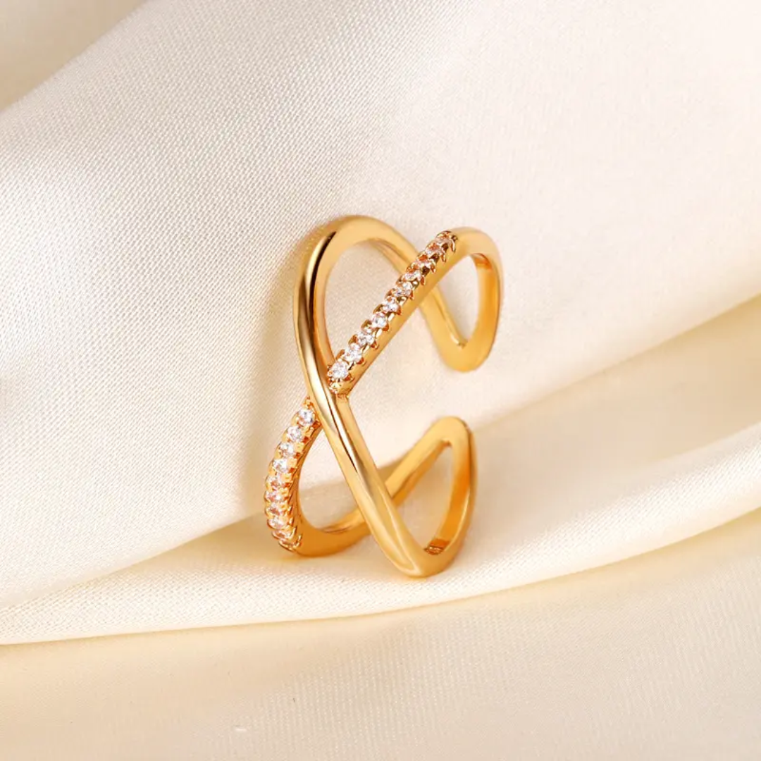 Stylish Crisscross Gold Plated Finger Ring with Sparkling Accents