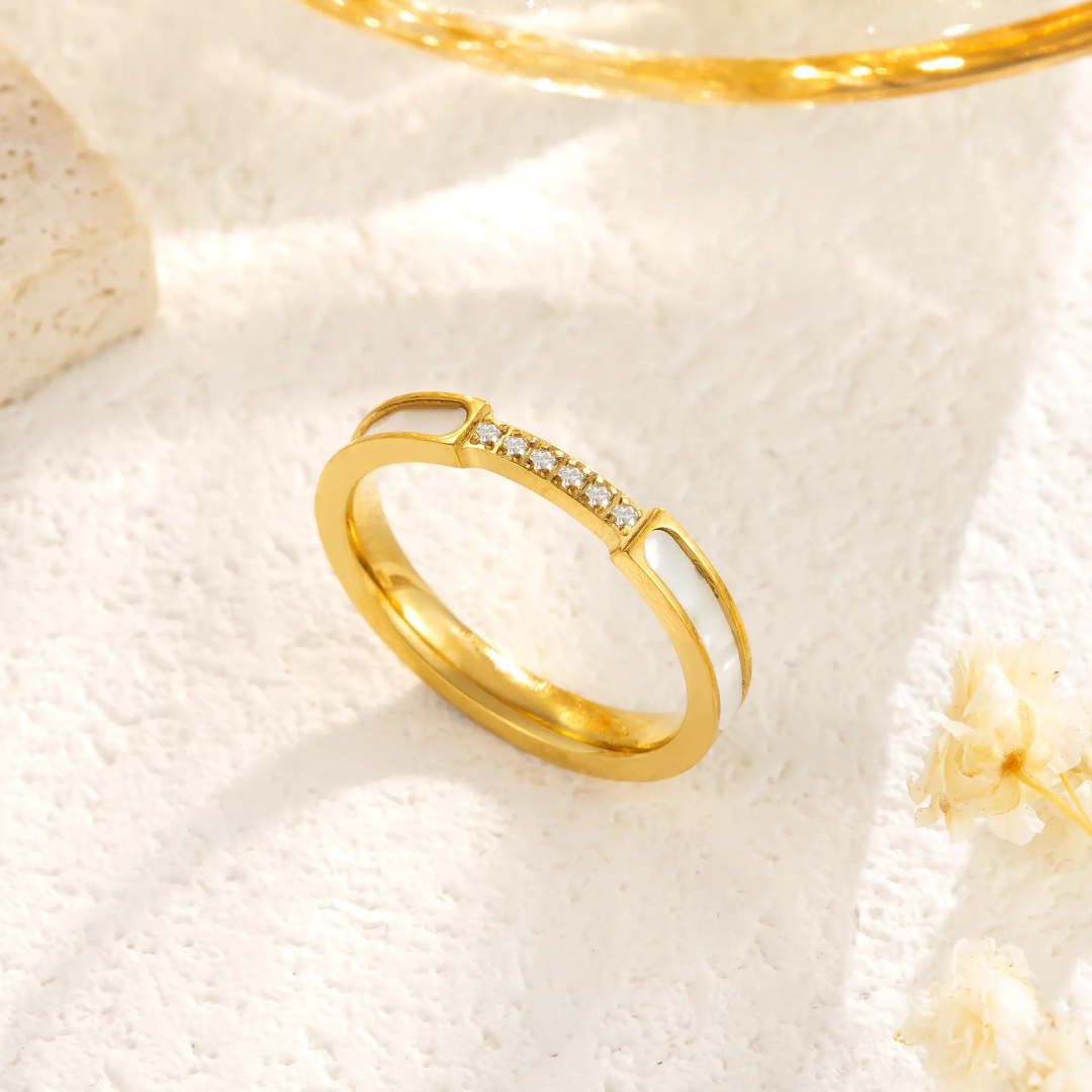 Elegant Gold Plated Band with White Enamel and Crystal Accents