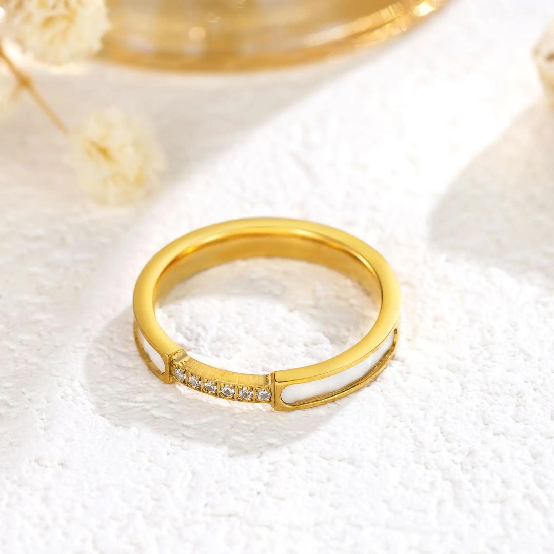 Elegant Gold Plated Band with White Enamel and Crystal Accents