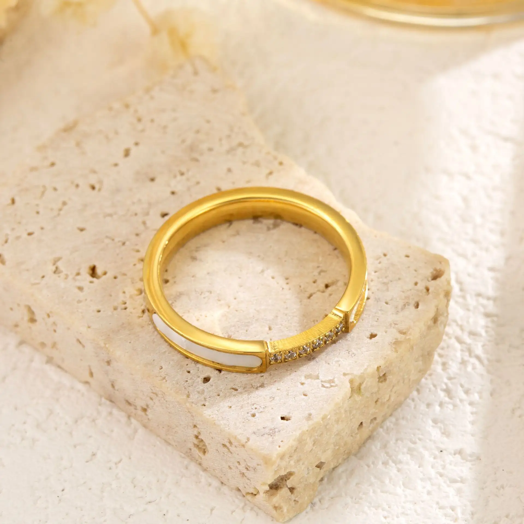 Elegant Gold Plated Band with White Enamel and Crystal Accents