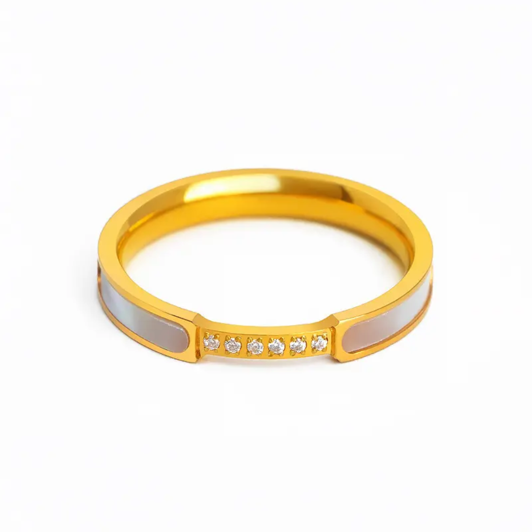 Elegant Gold Plated Band with White Enamel and Crystal Accents