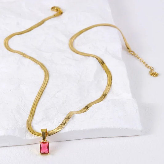Pink Gemstone Gold Plated Snake Chain Necklace – Anti-Tarnish Finish