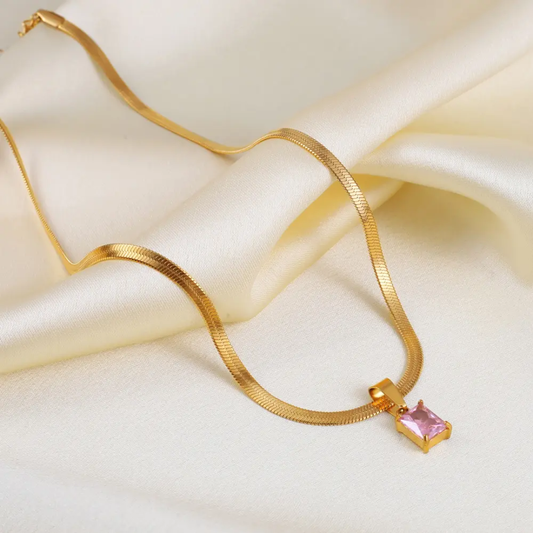 Pink Gemstone Gold Plated Snake Chain Necklace – Anti-Tarnish Finish