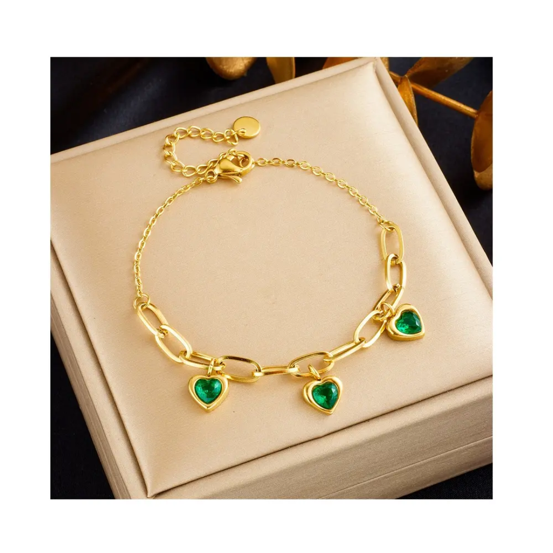 Gold Plated Heart Charm Link Bracelet with Green Stones (Anti-Tarnish)