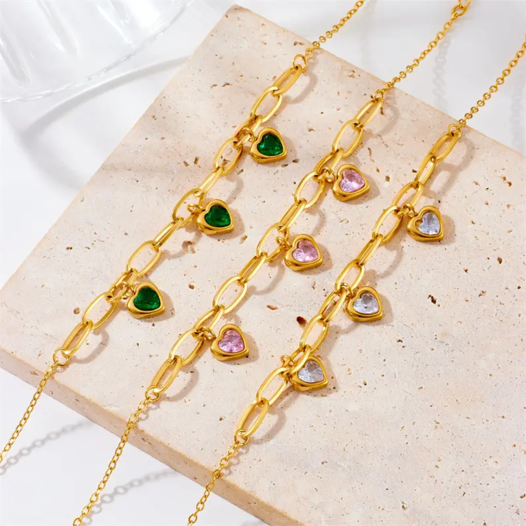 Gold Plated Heart Charm Link Bracelet with Pink Stones (Anti-Tarnish)