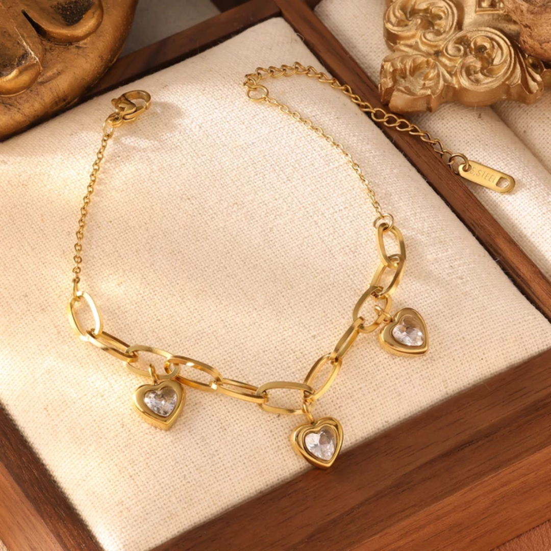 Gold Plated Heart Charm Link Bracelet with Clear Stones (Anti-Tarnish)