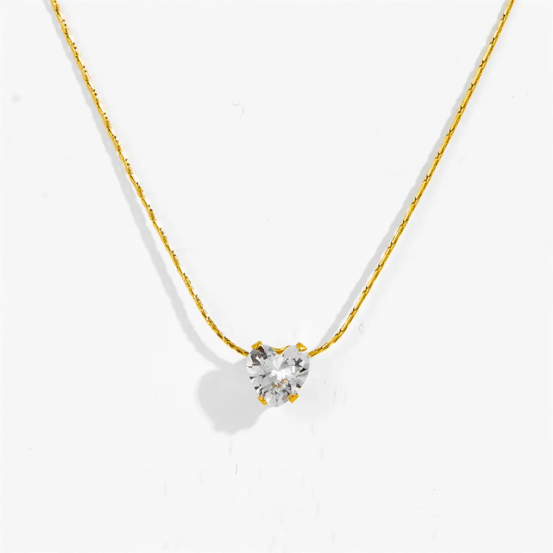 Heart-Shaped Solitaire Necklace – Gold Plated Chain & CZ Diamond