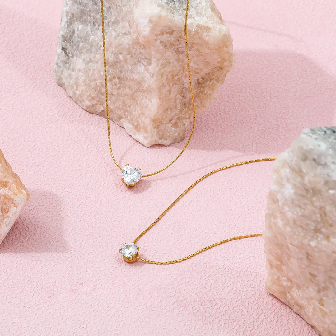 Heart-Shaped Solitaire Necklace – Gold Plated Chain & CZ Diamond