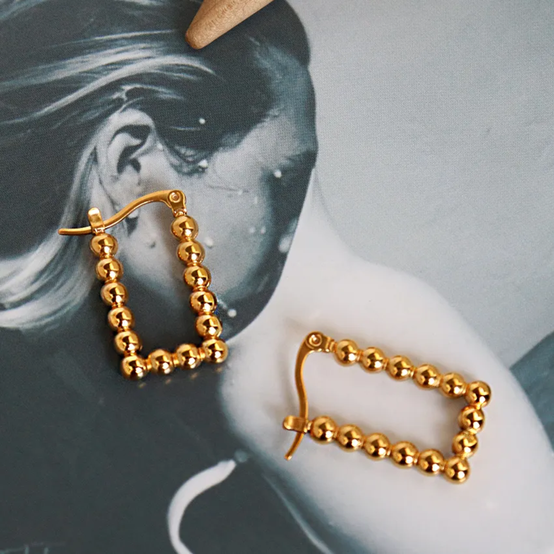 Rectangle Beaded Hoop Earrings – Gold-Plated