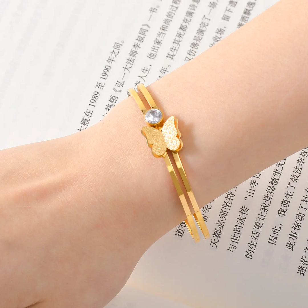 Butterfly & Stone Gold Plated Anti-Tarnish Bracelet (Size 2.6, 2.8 & Regular)