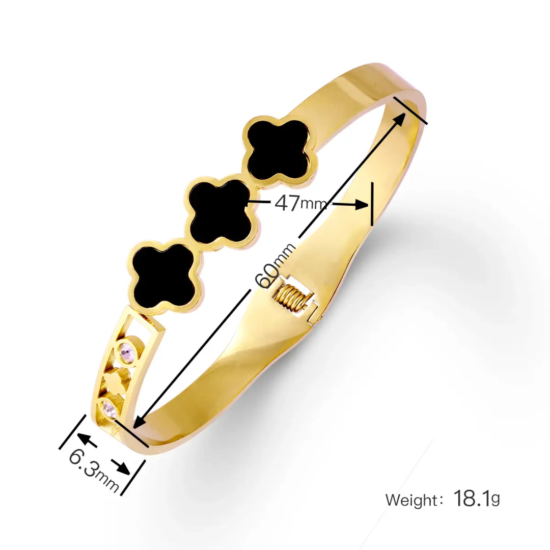 Triple Clover Black Enamel Gold Plated Anti-Tarnish Bracelet (Regular Size 2.6 & 2.8)