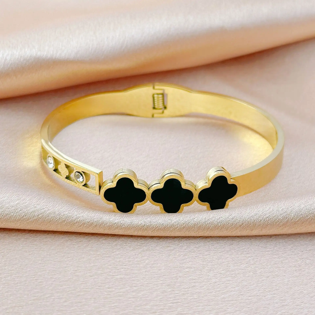 Triple Clover Black Enamel Gold Plated Anti-Tarnish Bracelet (Regular Size 2.6 & 2.8)